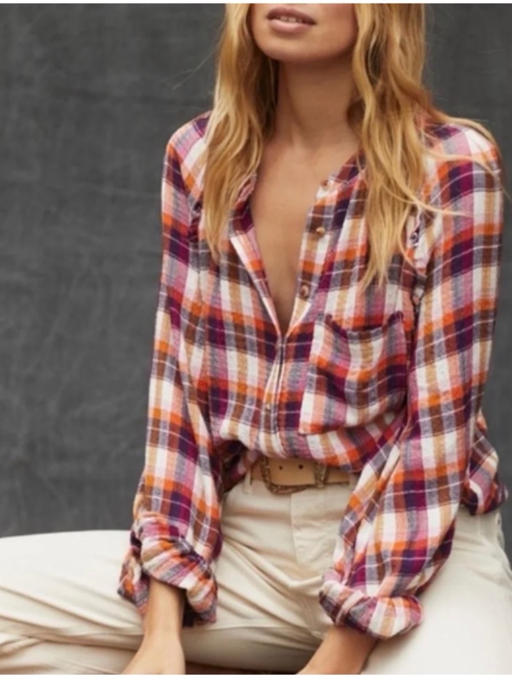 Anthropologie Pilcro Women’s Sz M Raspberry Plaid Ruffle Breezy Button Down Top